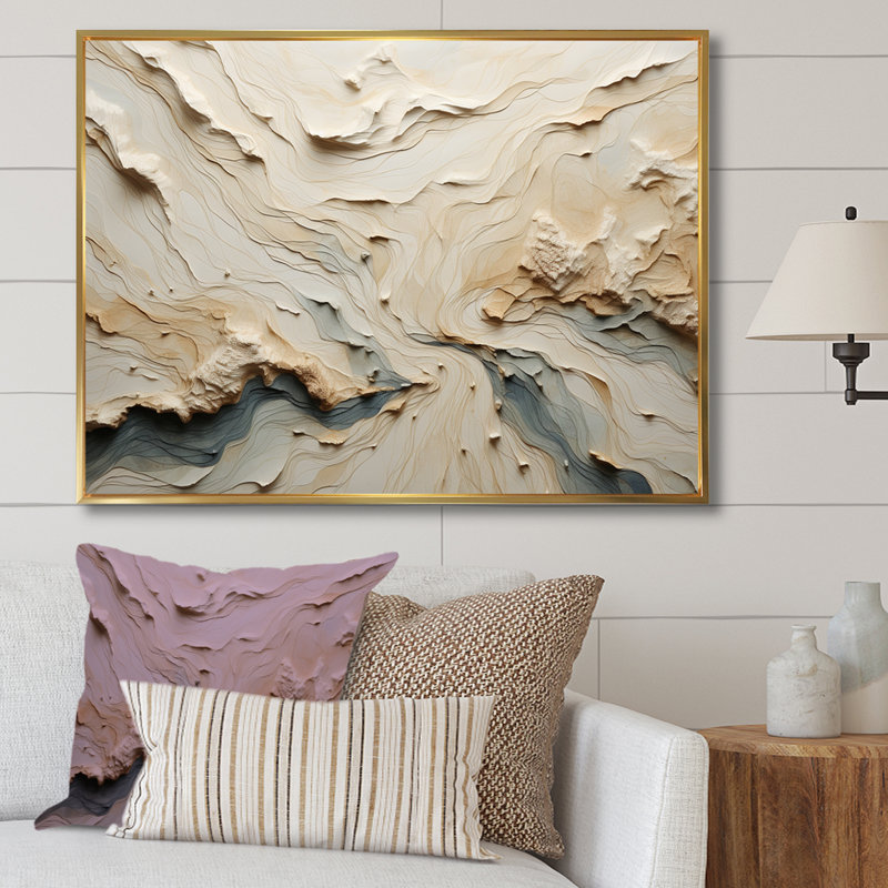 Beige minimalisme River Mountain Wonders - impressions sur toile River Mountain, Cadre flottant doré, H 16 po x l 32 po