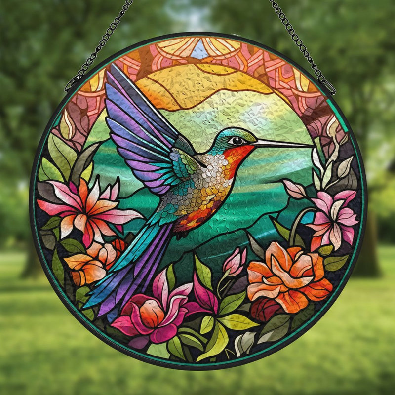 Colibri fleurs vitrail panneaux vitrail Suncatcher pour décoration de fenêtre, 6,3 x 6,3 po (16 x 16 cm)