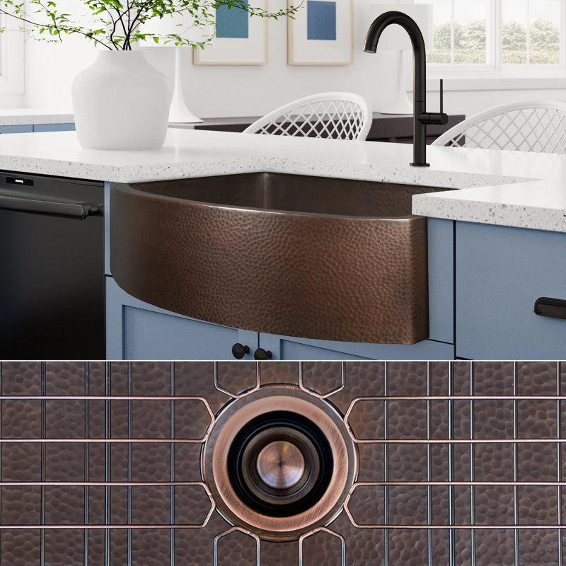FOSSIL BLU 33" Heavy 12-GAUGE Dark Copper Farmhouse Sink, Includes Accessories, Curved