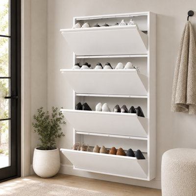 Armoire à chaussures murale mince en métal avec tiroirs rabattables et séparateurs de chaussures réglables