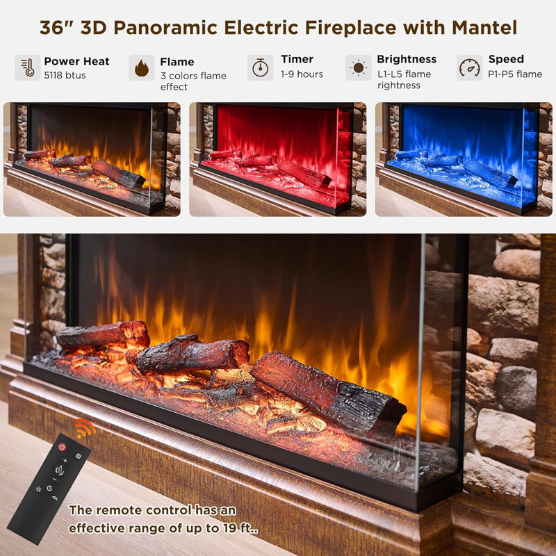 52" Tv Stand With Electric Fireplace With 3-Sided Glass, Rustic Oak