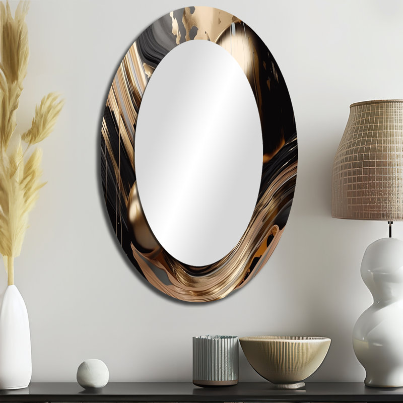 Or et noir captivant marbre I - grand miroir mural ovale sur métal, 36 po x 24 po