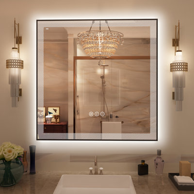 Aevar Checkerboard Framed Super Bright Front & Back LED Lighted Anti-Fog Tempered Glass Bathroom/Vanity Mirror with ETL & 3-Year Warranty