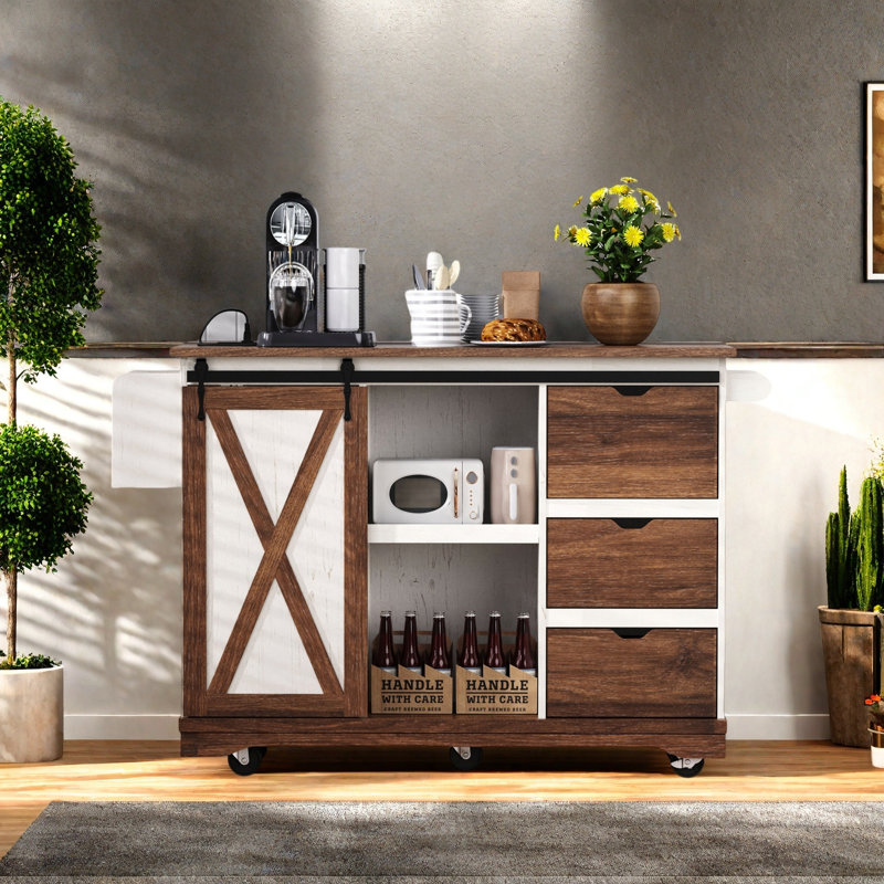 55.5" Farmhouse Kitchen Island With Drop Leaf, Kitchen Storage Island With Barn Door, Power Outlet, Rolling Kitchen Cart On Wheels With Spice Rack, For Home, Kitchen, Dining Room