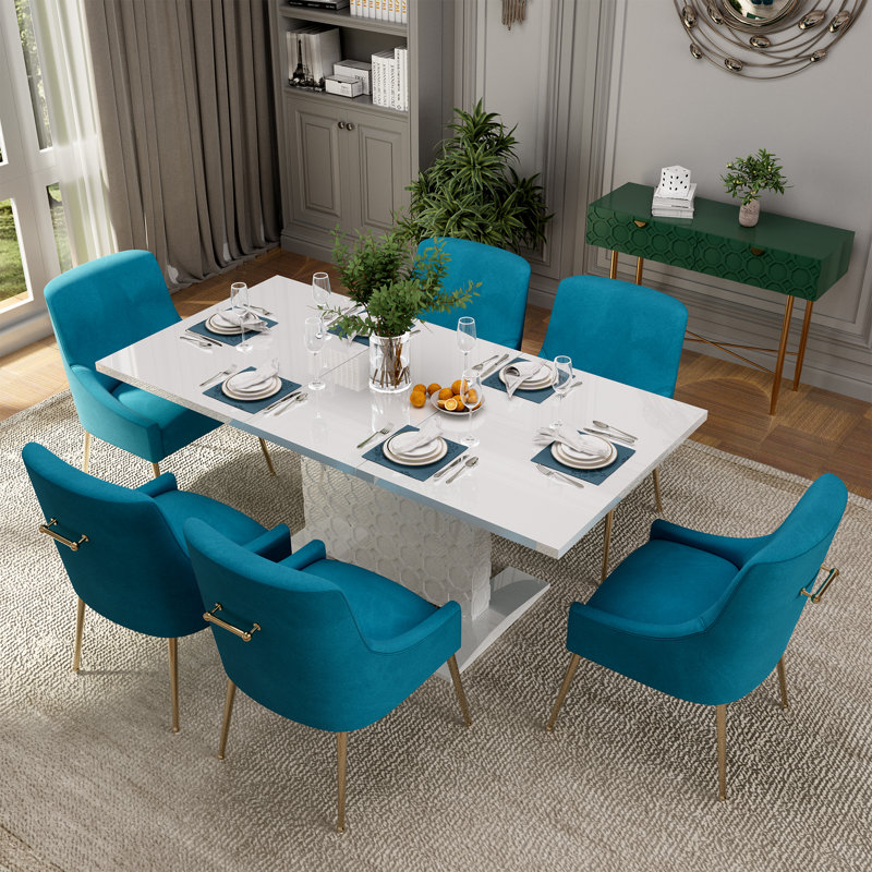 Table de salle à manger extensible pour 6 personnes Magallanes, Blanc, Bleu clair