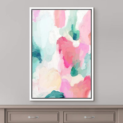 Peinture abstraite rose pastel, vert et jaune