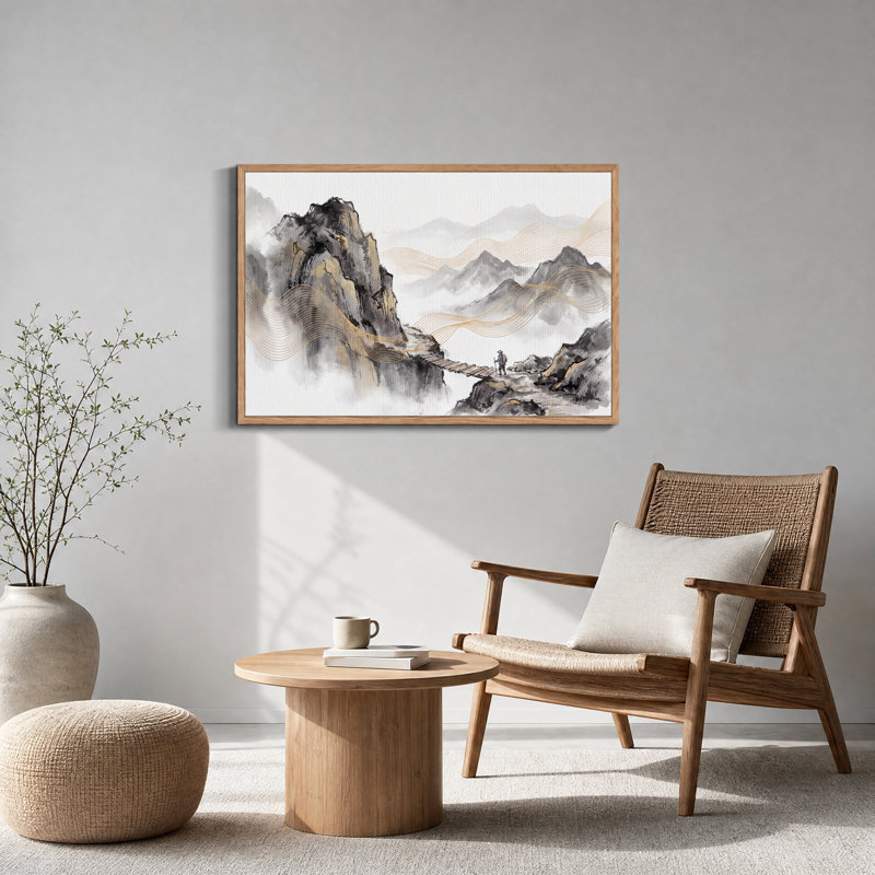 Encre lavant les montagnes avec des lignes ondulées dorées sur toile, 32"H x 48"W