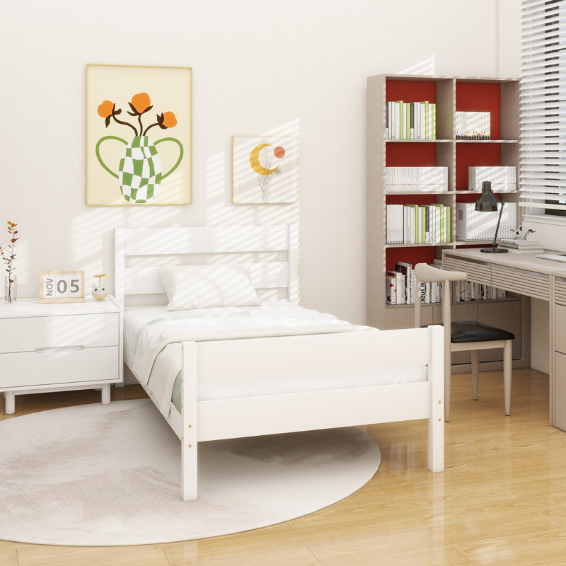 Lit simple avec tête et pied de lit, lit en bois d'hévéa, Blanc