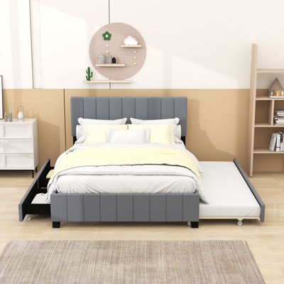 Queen Size Velvet Upholstered Platform Bed with 2 Drawers and Twin XL Trundle