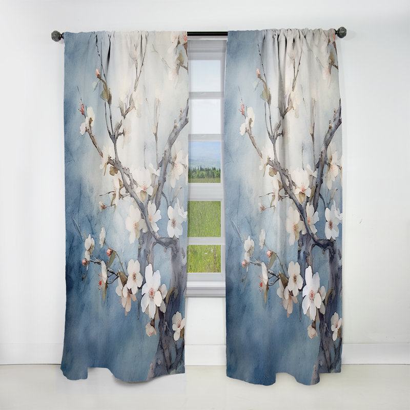 Avenale Blue and Grey Cherry Blossoms Sapphire - Traditional Curtain - Velvet Room Darkening - 1 panel, 52" W x 120" L