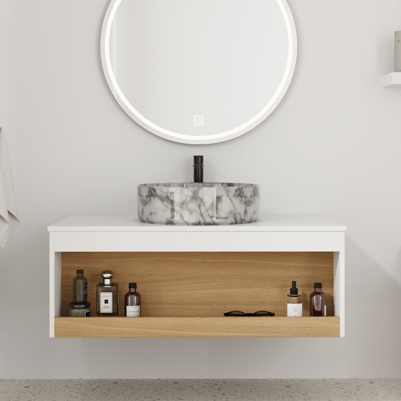 Ensemble de meuble-lavabo flottant 36 po - Design mural peu encombrant avec vasque, White with grey patterns