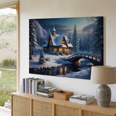 Canvas A Cozy Snow Covered Cottage Nestled In A Tranquil Winter Wall Art Forest Featuring A Rustic Stone Exterior With Wooden Beams Canvas Wall Art