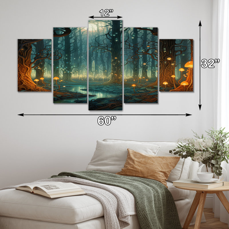 «Glowing Lights In The Full Moon Forest Magic», impression d'art mural prairie - 5 panneaux