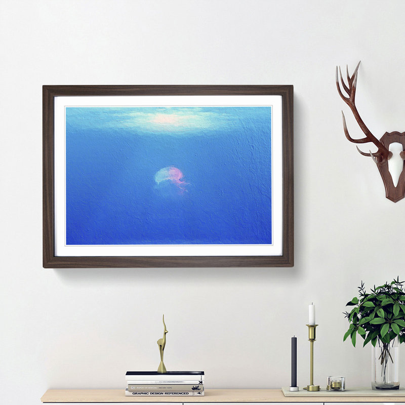 Jellyfish in Pink & Blue with Sunlight - Picture Frame Painting Print, 27cm H x 36cm W x 2cm D, Walnut Framed