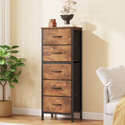 Commode à 5 tiroirs en tissu, commode de rangement verticale avec plateau en bois, grand rangement