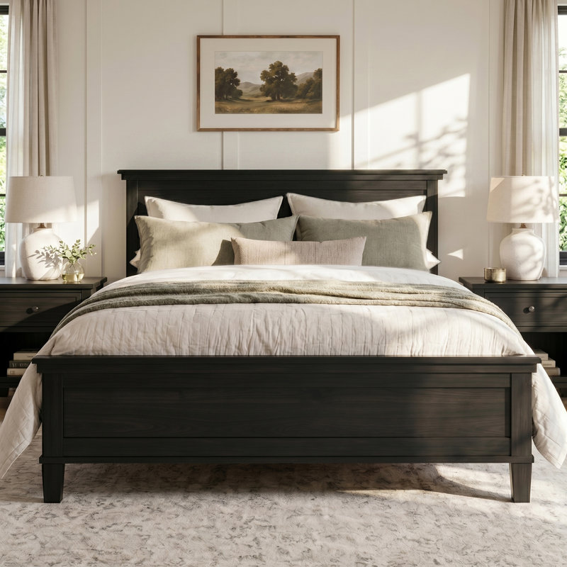 Grand lit plateforme en bois de style moderne Mid-Century avec tête de lit, cadre de ferme, support à lattes de bois, noir anthracite