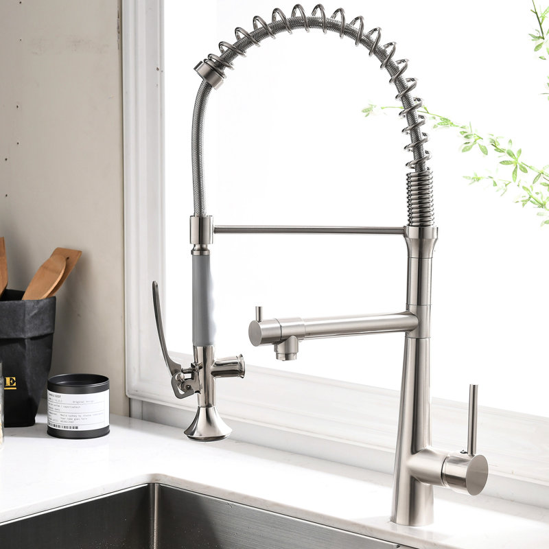 High Arc Kitchen Faucet With Pull Down Spring Spout And Ceramic Disk In Brushed Nickel 360 Degree Rotation Pre-Rinse For Sink