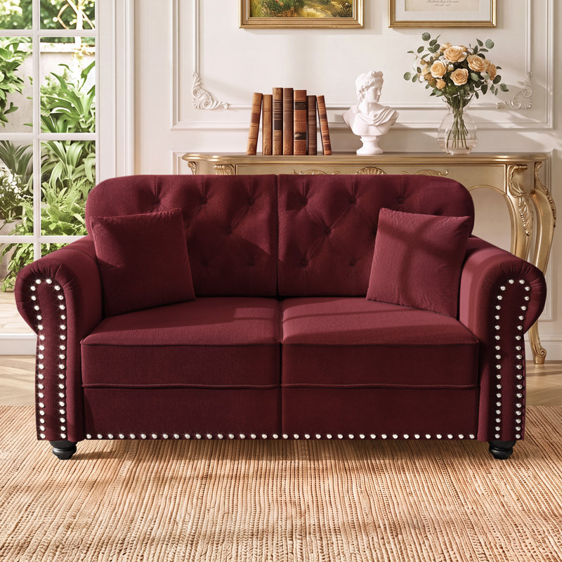 Causeuse Chesterfield 63 po Mid-Century, Burgundy