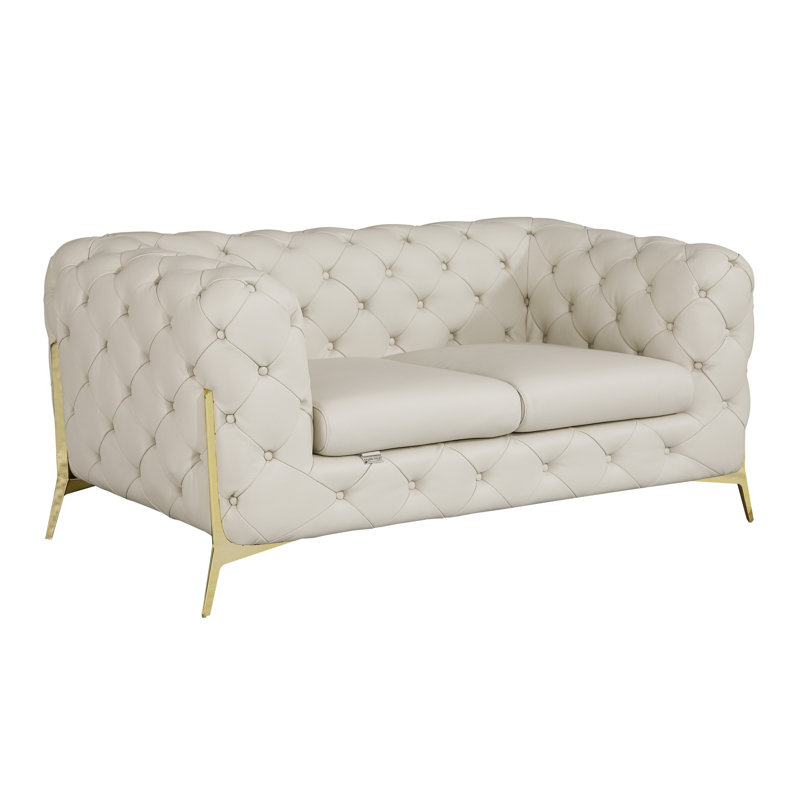 Ehrika Top Grain Italian Leather Loveseat, Beige, Gold