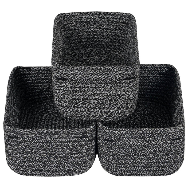 Paniers noirs pour l'organisation, petits paniers de rangement tissés pour les tablettes, joli ensemble de 3 paniers de rangement pour placard, panier à jouets pour chambre de bébé