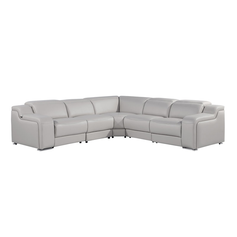 Stanyo 5 - Piece Top Grain Italian Leather Power Reclining Sectional, Light Gray Genuine Leather
