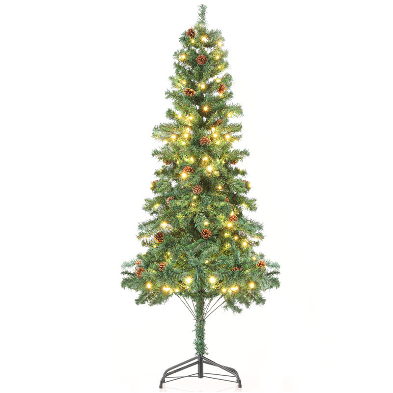 Arbre de Noël artificiel avec lumières DEL blanc chaud, branches en PVC et pommes de pin, 5.5'
