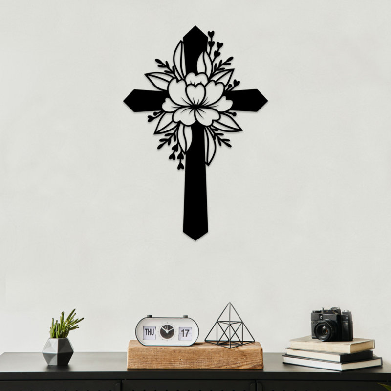 Fleur en métal, art mural croix - décoration florale croix chrétienne - croyance religieuse - sculpture inspirée de Jésus - art industriel rustique en métal - décoration spirituelle - œuvre d'art