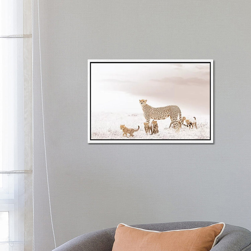 White Cheetah & Cubs by Klaus Tiedge - Print on Canvas, White Framed, 66.04 cm H x 45.72 cm W