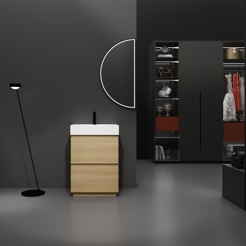 Meuble-lavabo autoportant de style minimaliste moderne avec lavabo et tiroirs en résine, Chêne, 23"