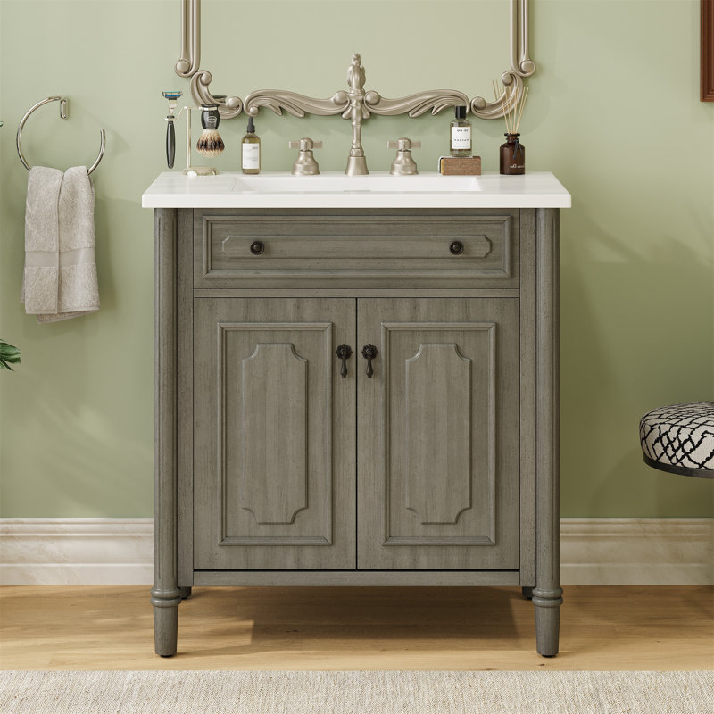 【Meuble-lavabo de salle de bain rétro 31 po】 - Meuble-lavabo gris rustique avec portes à fermeture en douceur, tablette réglable et pieds en bois d'hévéa courbés