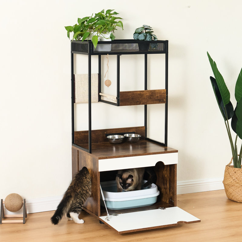 Bac à litière pour chat avec meuble intégré - Design américain blanc + mobilier de style vintage et fonctionnalités pratiques