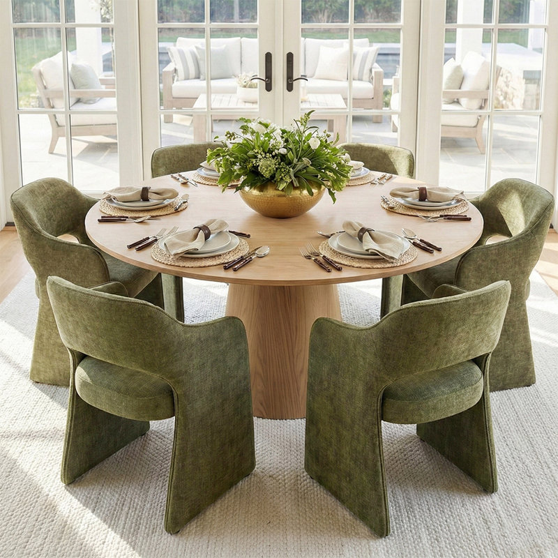 6 - Person Dining Table Sets With Round Table & 6 Upholstered Fabric Chairs, Yellow, Sage Green