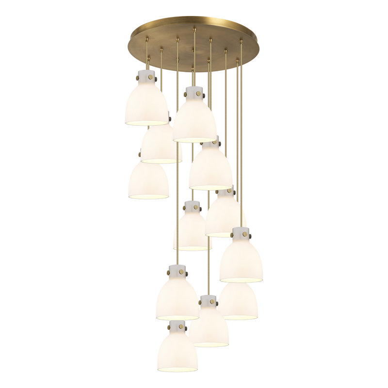 Luminaire suspendu 12 lumières Amrith, Laiton brossé, Blanc