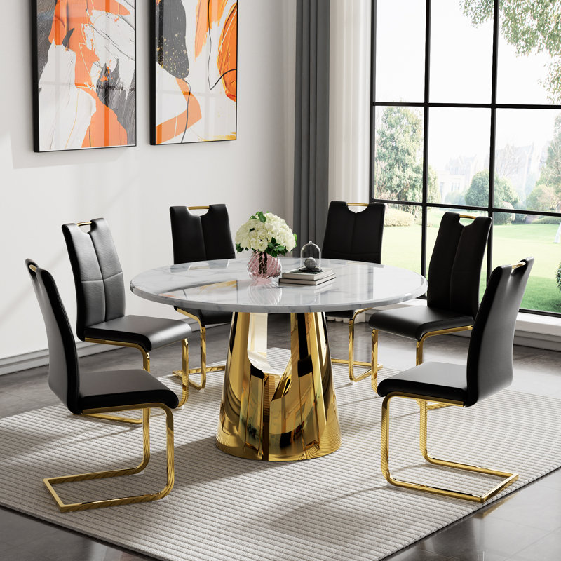 7 Piece Round Dining Table Set, 45" Round Marble Dining Table with 6 Dining Chairs, Modern Circle Kitchen Table Set with Hollow-Out Stainless Steel Base, Dining Room Table and Chairs Set
