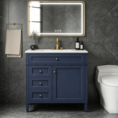 Meuble-lavabo 36 po avec lavabo supérieur, meuble-lavabo moderne avec 2 tiroirs et tiroir escamotable, meuble-lavabo simple