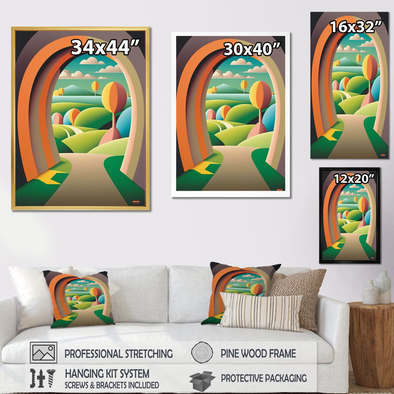 «Pastel Landscape Road To Mountain Village», reproduction sur toile, H 32 po x l 24 po x P 1 po, Cadre flottant doré