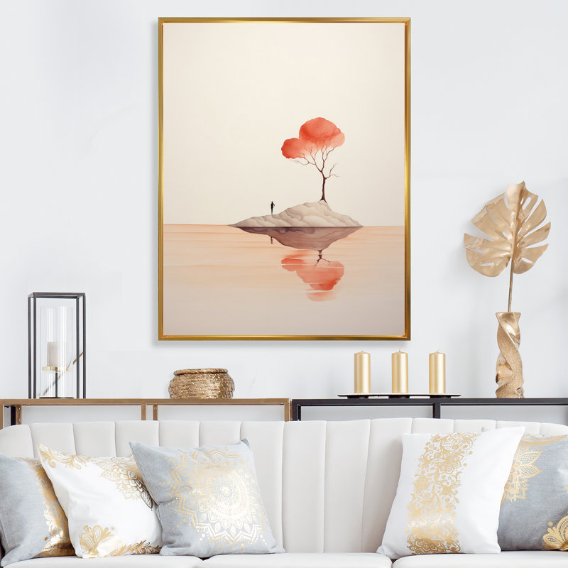 Sérénité, aquarelle minimale en rouge tendre I, H 20 po x l 12 po x P 1 po, Cadre flottant doré