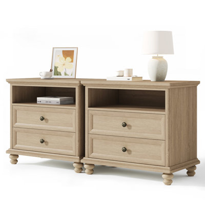 Farmhouse Nightstand Set Of 2, Large Wood Bedside Tables Dresser With 2 Drawers & 4 Solid Wood Legs, Natural Oak