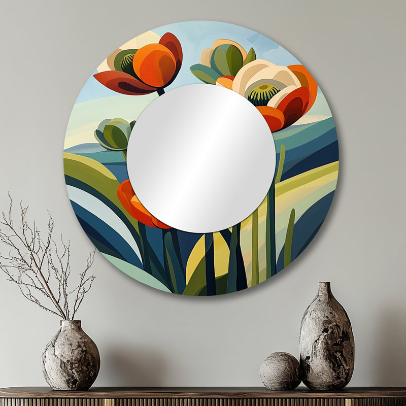 Desert Blossom Of Geometric Ranunculus Flowers I - Traditional Mirror Wall Decor - Printed On Metal, 29" x 29"