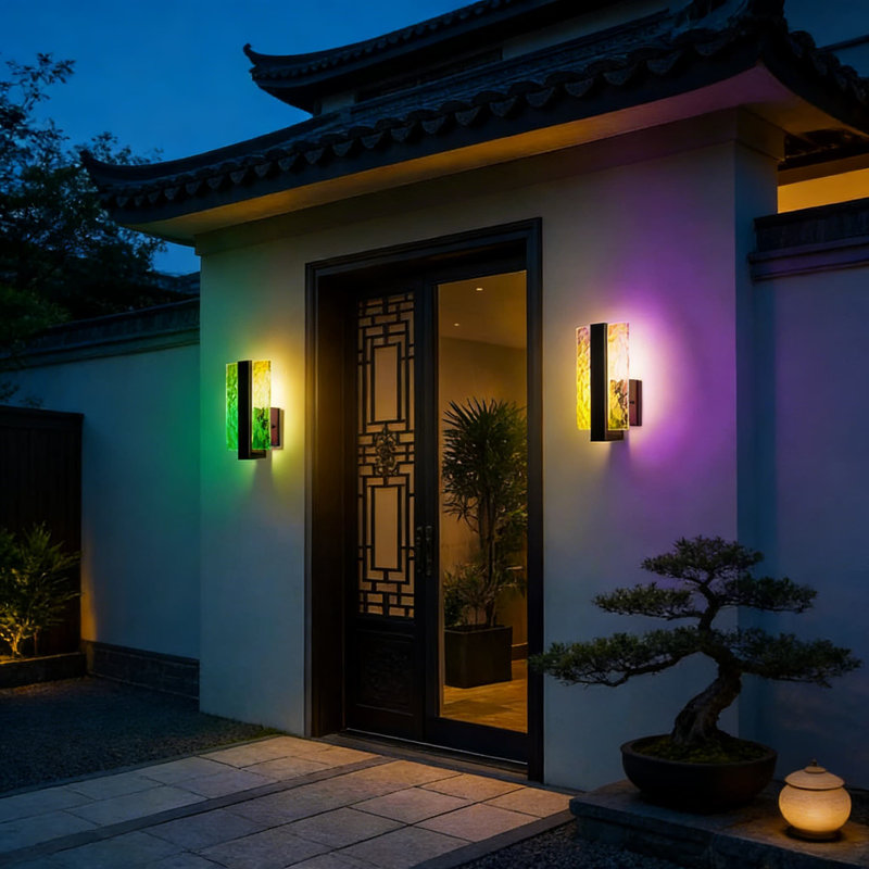 Modern Outdoor Wall Lights With RGB Color Changing And Dimmable Brightness, Water Glass Design Wall Mounted Sconce Fixtures For Porch, Patio, And House Exterior