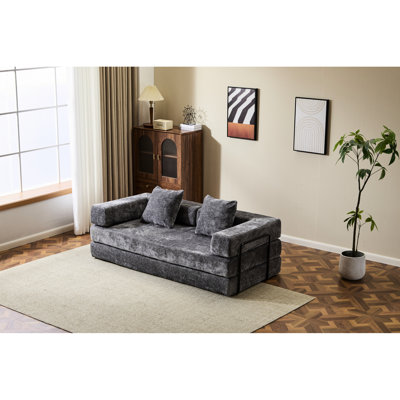 Lit futon confortable gris foncé avec support pour le dos et accoudoirs, conception convertible, chenille de haute qualité, rembourrage en mousse à mémoire de forme, coussin de sol pour salon 3 places, mousse, sieste