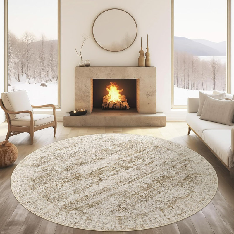 Vintage Distressed Non Slip Washable Rug(Brown), Round 4'