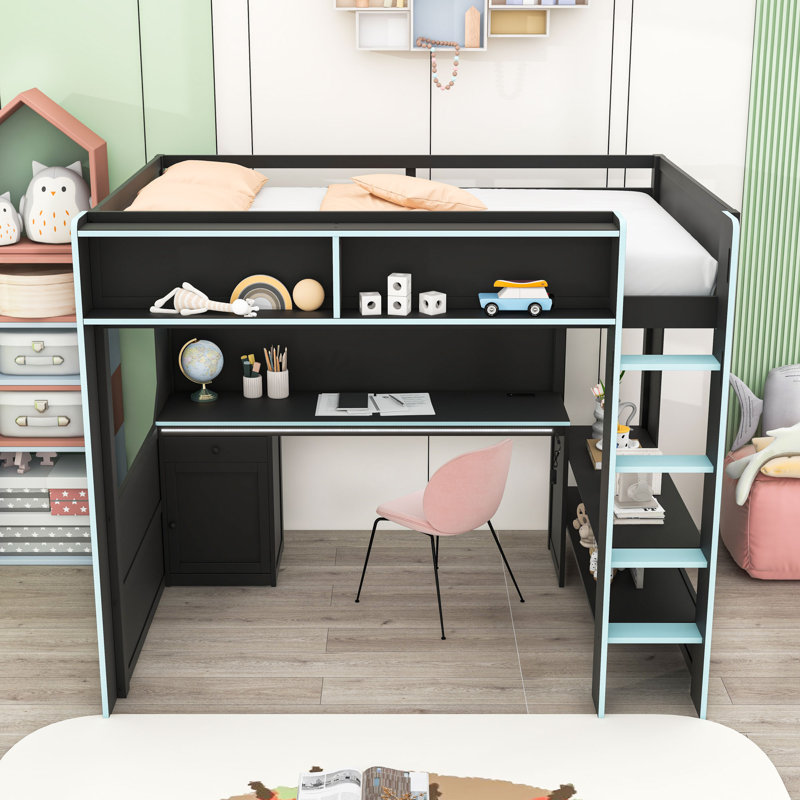 Lit mezzanine en bois avec rangement garde-corps et tiroir, Full, Black/Blue