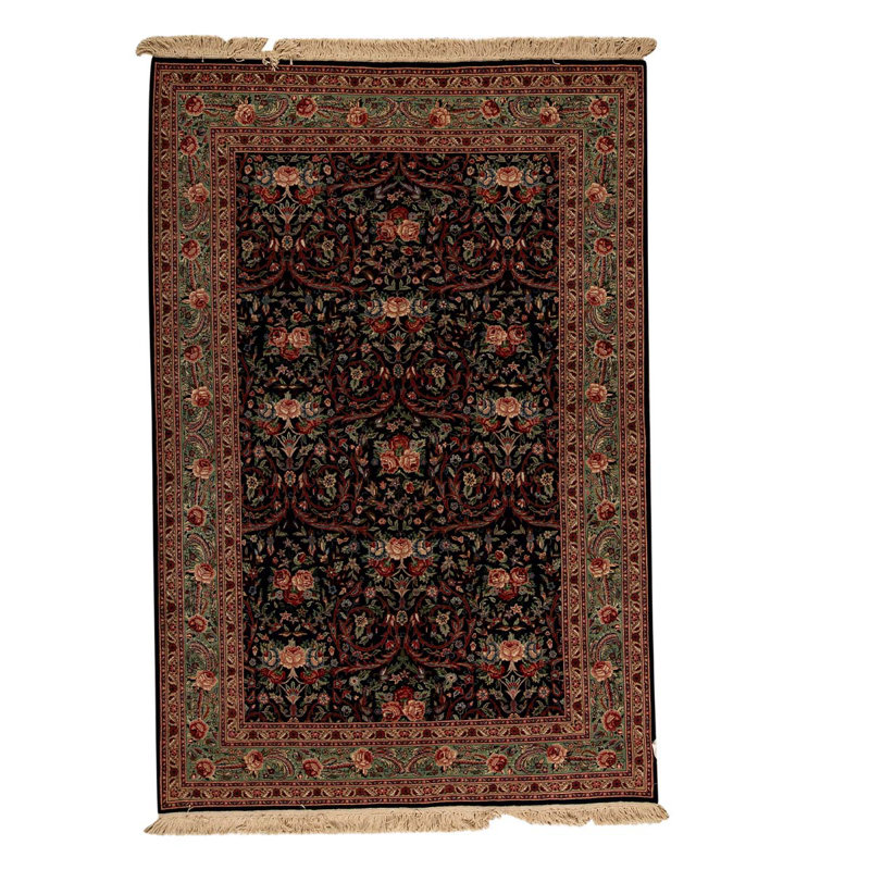 Tapis unique en laine noué à la main de 6 pi x 9 pi vert / bleu marine foncé / rouge / beige