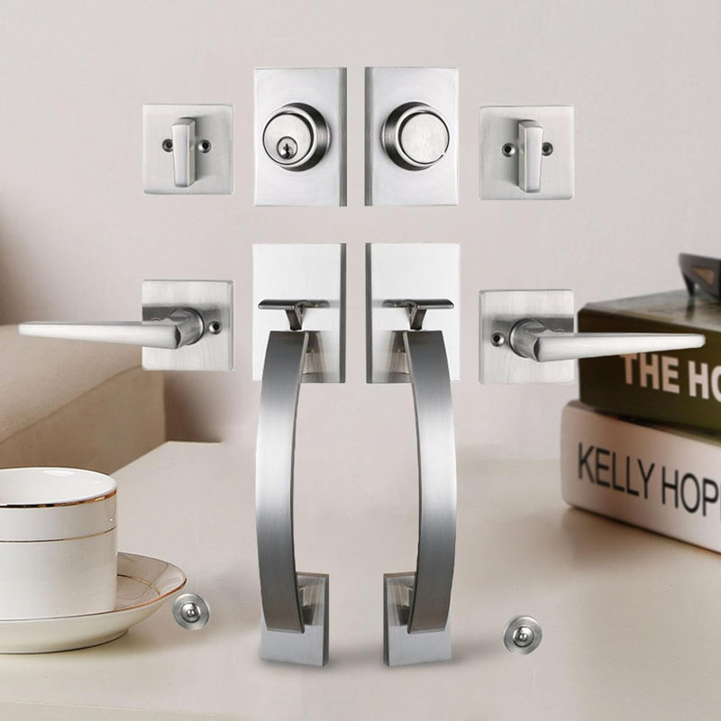Handle With Lever And Deadbolt Reversible Entry Set, Satin Nickel