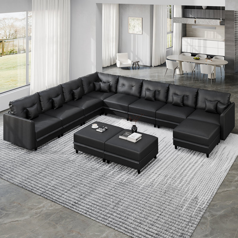 Edorta Upholstered U-Shaped Sectional, Black Faux Leather