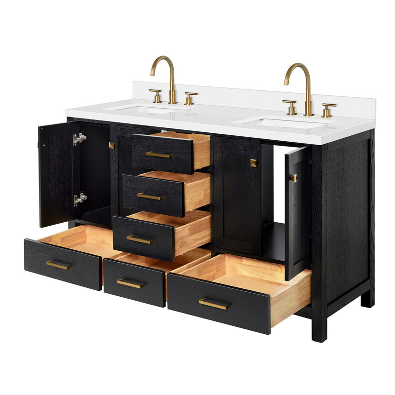 Grevera 61" Double Bathroom Vanity Set, Black Oak / Satin Brass
