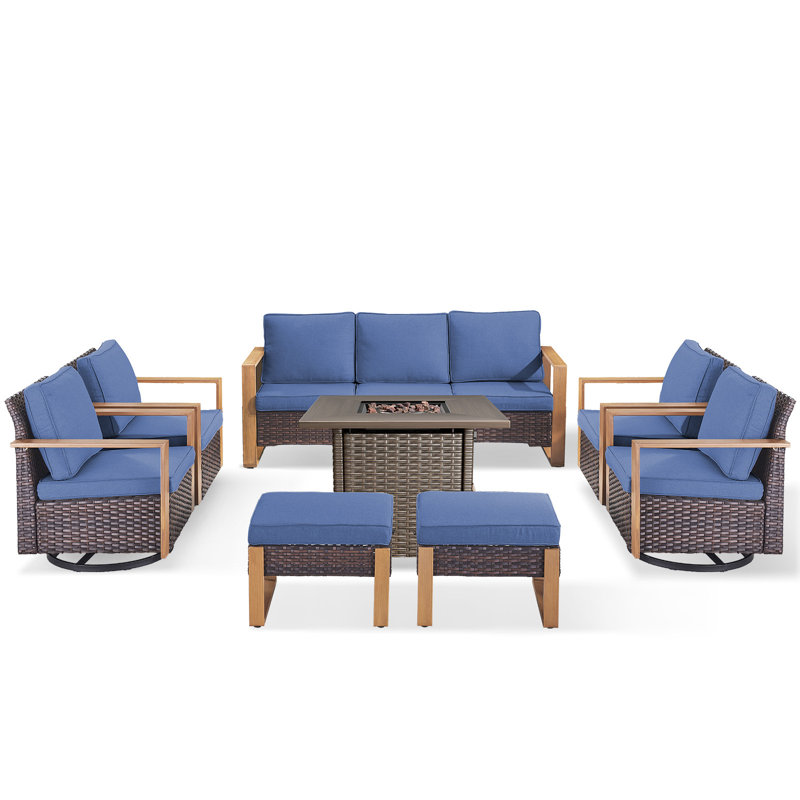 Palomares 8-Piece All Weather Outdoor Wicker Patio Square Fire Pit Conversation Set With 4 Swivel Gliders And 2 Ottomans