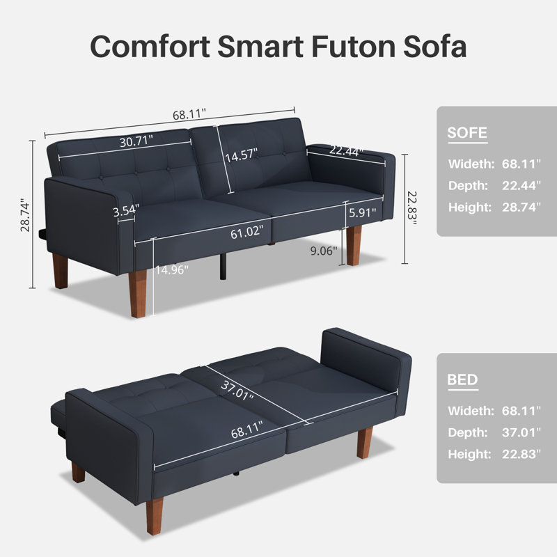 Besharat Convertible Futon Sofa Bed, Faux Leather Futon Couch Sleeper Recliner for Living Room, Matte Black