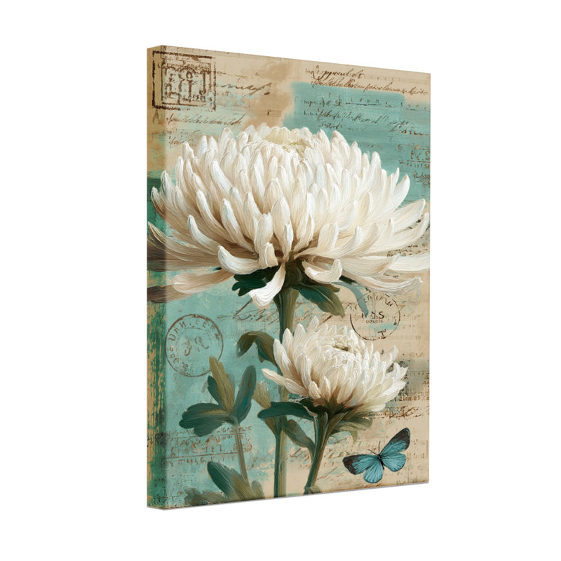 Plants & Flowers White Chrysanthemums Vintage Script Background Butterfly, 36" H x 24" W
